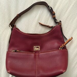 Dooney & Bourke Wine Red Pebble Leather Shoulder Bag with Tan Accents